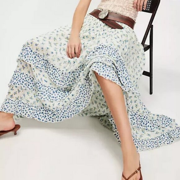 Free People Brynn Printed Maxi Skirt Smocked Tiered Ruffle Pull On S - Picture 1 of 6